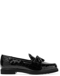 Tod's Tasseled Croc Effect Patent Leather Loafers Black