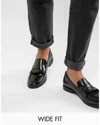 Dune Wide Fit Loafers In Black Hi Shine Leather