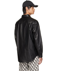 We11done Black Spread Collar Leather Shirt