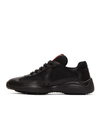 Prada Black Leather And Mesh Lace Up Sneakers