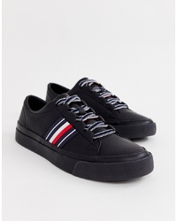 Tommy Hilfiger Corporate Stripe Leather Low Trainer In Black