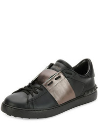 Valentino Garavani Leather Low Top Sneaker With Stripe Blackgunmetal