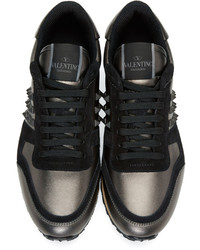 Valentino Gunmetal And Black Garavani Rockstud Sneakers