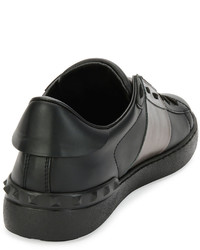 Valentino Leather Low Top Sneaker With Stripe Blackgunmetal