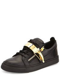 Giuseppe Zanotti Leather Metal Strap Low Top Sneaker Black