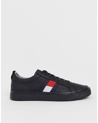 Tommy Hilfiger Leather Trainer With Raised Flag Branding In Black