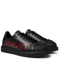 Versace Logo Print Rubber Trimmed Leather Sneakers