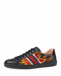 Gucci New Ace Flames Leather Low Top Sneaker Black
