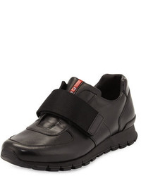 Prada Strap Front Leather Running Sneakers Black