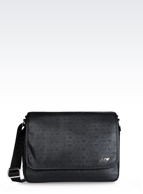 Armani Jeans Messenger Bag Logo Patterned Faux Leather, $240 | armani.com Lookastic