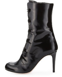 Button Loop Leather Mid Calf Boot Black