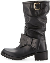RED Valentino Ruched Leather Bow Mid Calf Boot Black