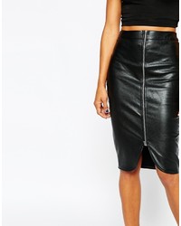 Missguided Leather Look Zip Through Midi Skirt