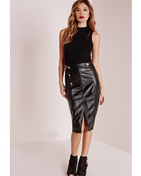 Missguided Button Front Faux Leather Midi Skirt Black
