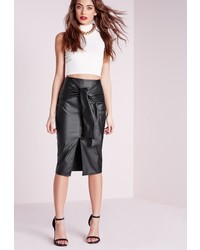 Missguided Tie Waist Faux Leather Midi Skirt Black