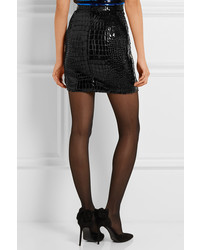 Saint Laurent Croc Effect Faux Leather And Velvet Mini Skirt Black