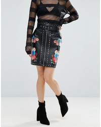 Asos Leather Mini Skirt With Paint And Stud Detail