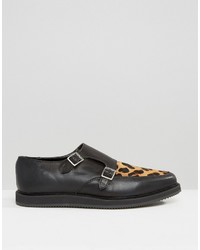 Asos Monk Shoes In Black Leather With Leopard Panel
