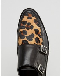 Asos Monk Shoes In Black Leather With Leopard Panel