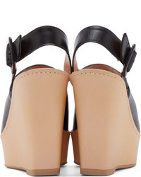 Robert Clergerie Black Leather French Wedge Mules