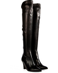 Sergio Rossi Leather Over The Knee Wedge Boots In Black