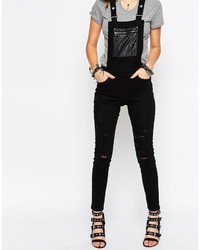 Noisy May Petite Distressed Overalls With Leather Look Patch Detail