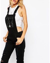 Noisy May Tall Distressed Overalls With Leather Look Patch Detail