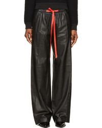 Alexander Wang Black Leather Wide Leg Contrast Drawstring Pants