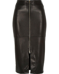 River Island Black Leather Look Zip Front Pencil Skirt