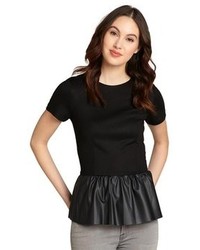 French Connection Black Jersey And Faux Leather Jacinda Peplum Top