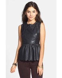 C. Luce Scalloped Faux Leather Peplum Top Black Small