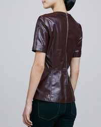 Neiman Marcus Short Sleeve Leather Peplum Top