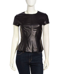 Vakko Short Sleeve Paneled Leather Top Black