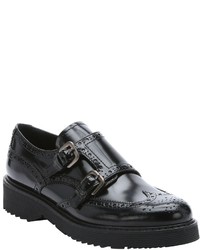 Prada Sport Black Leather Dual Monk Strap Platform Loafers