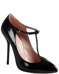 Gucci Black Patent Leather Bow Embellished T Strap Pumps