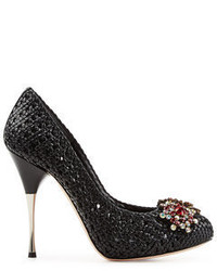 Alexander McQueen Woven Leather Pumps With Crystal Embellisht