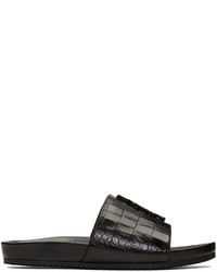 Saint Laurent Black Croc Embossed Joan Beach Slip On Sandals