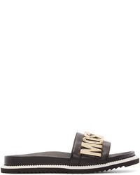 Moschino Black Leather Logo Slide Sandals