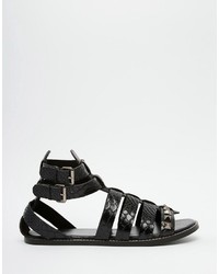 Asos Brand Gladiator Sandals In Black Snakeskin Effect Leather With Studs