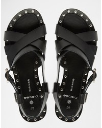 Pieces Jiva Black Leather Stud Flat Sandals