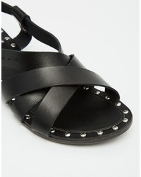 Pieces Jiva Black Leather Stud Flat Sandals