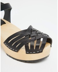 Swedish Hasbeens Black Leather Marina Platform Sandals
