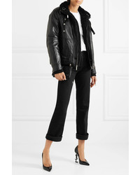 Saint Laurent Shearling Lined Textured Leather Jacket Black