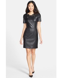 Adrianna Papell Floral Detail Faux Leather Knit Sheath Dress