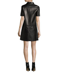 Michael Kors Michl Kors Collection Short Sleeve Ruffle Front Leather Dress Black