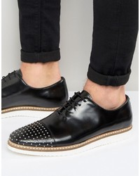 Asos Lace Up Shoes In Black Leather With Stud Toe Detailing