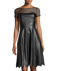 Catherine Malandrino Catherine Laser Cut Faux Leather Flare Skirt Dress Black