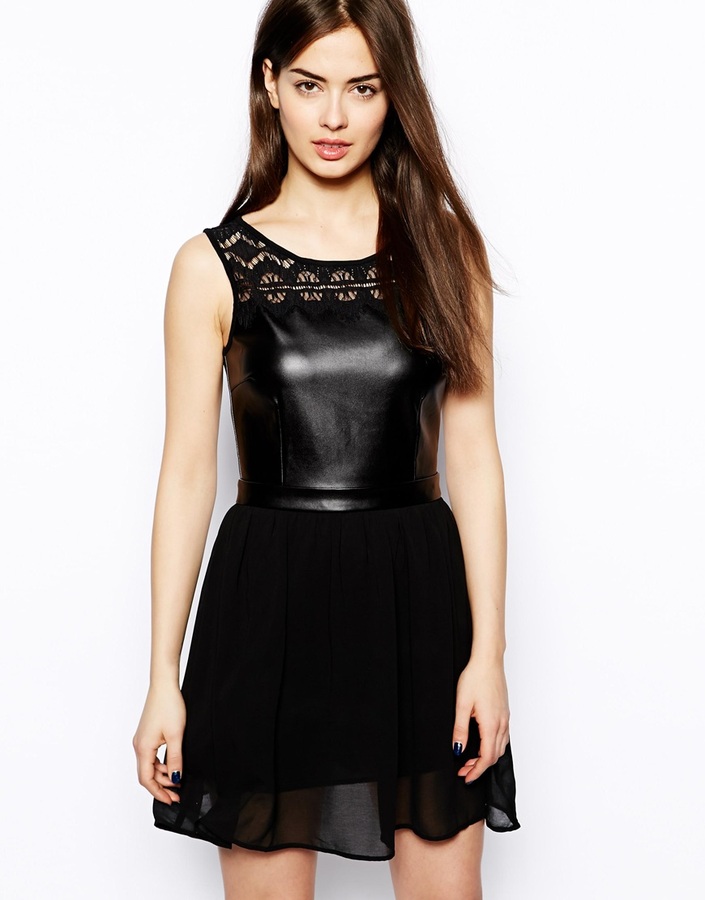 Glamorous Skater Dress With Leather Look Top Black, $45 | Asos | Lookastic