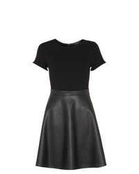 New Look Black Leather Look Contrast Skater Dress