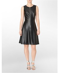 Calvin Klein Perforated Fit Flare Sleeveless Faux Leather Dress